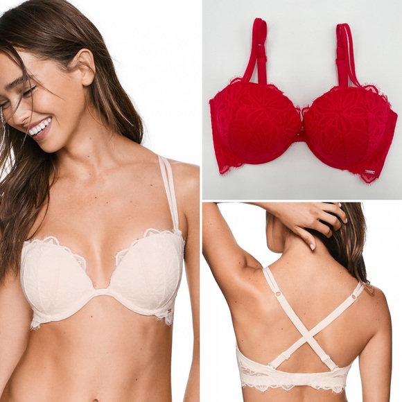 Victoria's Secret Bra Date Plunge Push Up Multi-Way 34D Lace Padded Hot Pink Red - Picture 1 of 10